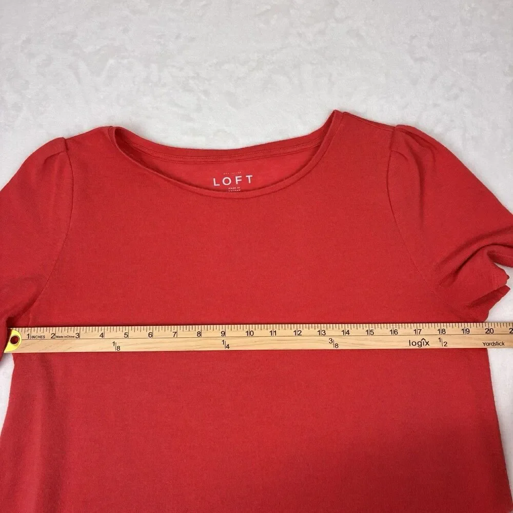 LOFT Puff Sleeve Shirt Women’s Large Coral Short Sleeve Round Neck Lightweight